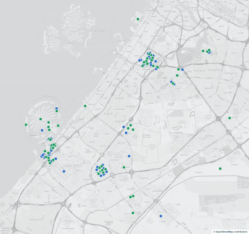 Carte de Dubaï : points verts pour les immeubles gérés par VayK, points bleus pour ceux gérés précédemment